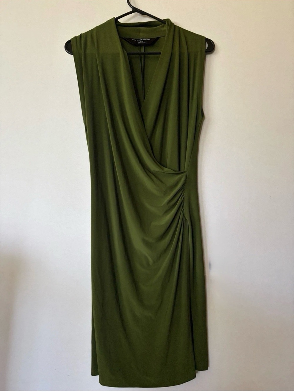 Norma Kamali Olive Green Sleeveless Draped V-Neck Midi Dress Ruching